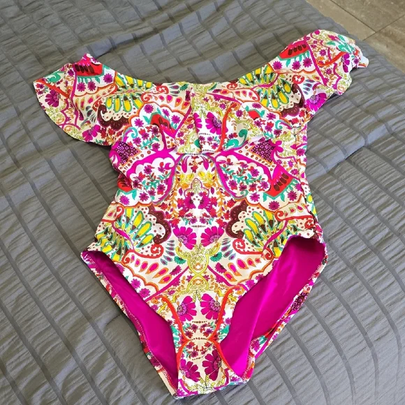 Trina Turk Colorful Off-Shoulder Swimsuit Sz 8 Nwt - Picture 1 of 6